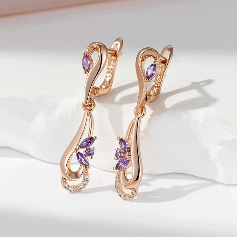 585 Rose Gold Purple Natural Zirconia Vintage Long Earrings For Women