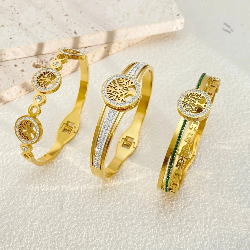 Unisex Tree of Life Bracelet – Gold CZ Luxury Bangle
