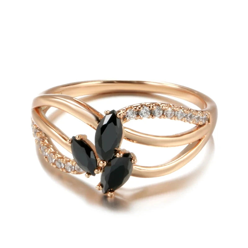 Trendy Black Zircon Crystal Flower Rose Gold Ring for Women