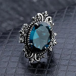 Vintage Oval Blue CZ Carved Pattern Ring for Women