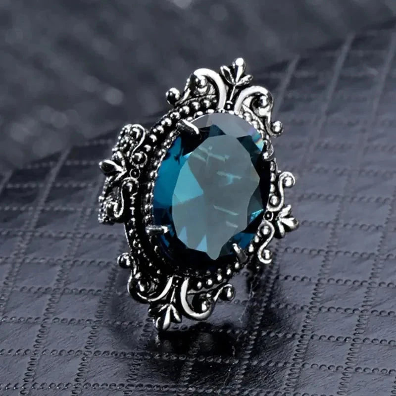 Vintage Oval Blue CZ Carved Pattern Ring for Women