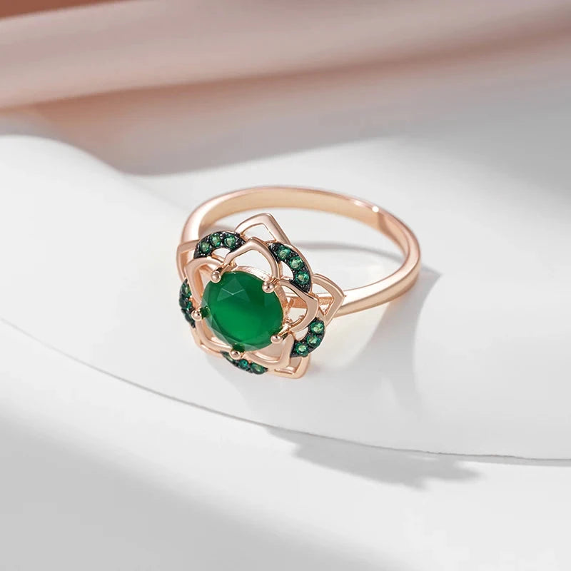 585 Rose Gold Color Green Flower Women's Ring