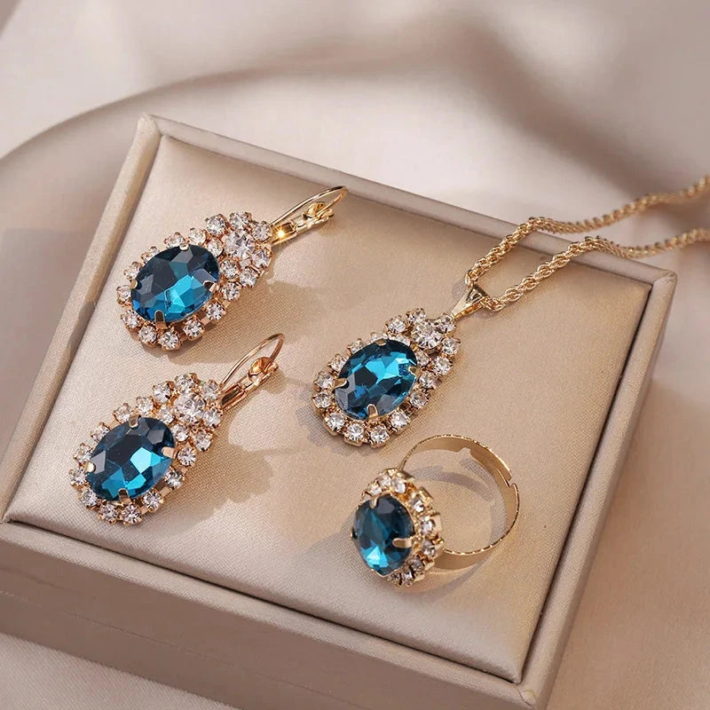 Blue Crystal Ring Necklace Earrings Set Wedding Jewelry Sets