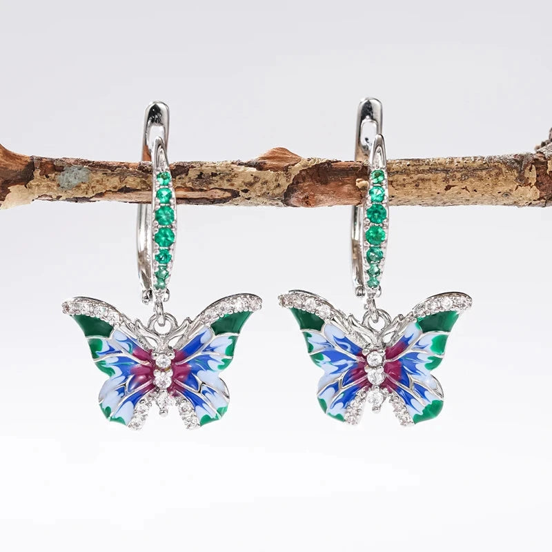 Colorful Enamel Butterfly Drop Earrings for Women