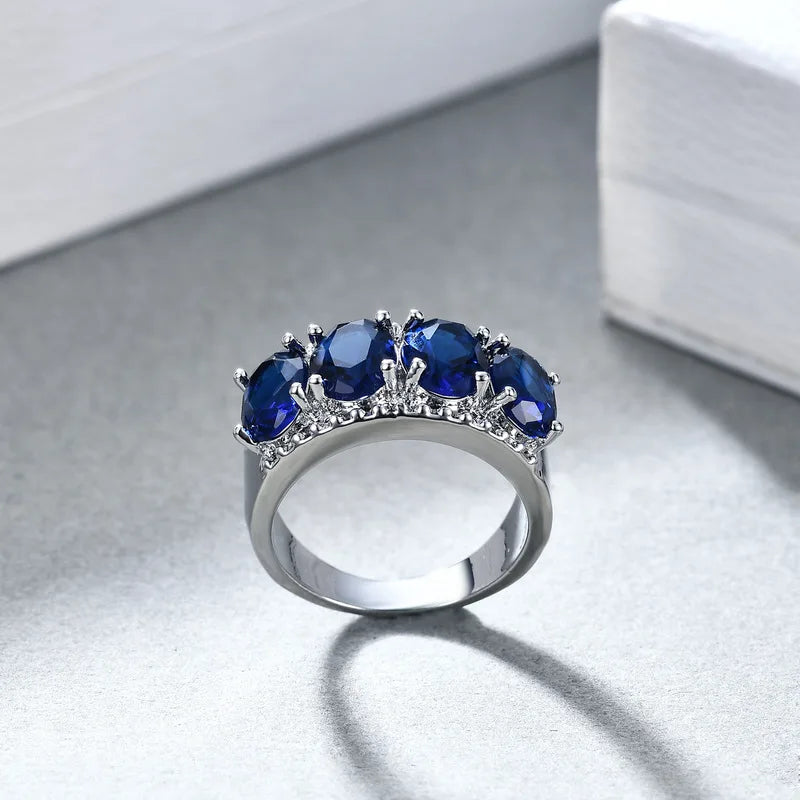 925 Sterling Silver Blue Round Shape Sapphire Rings For Women