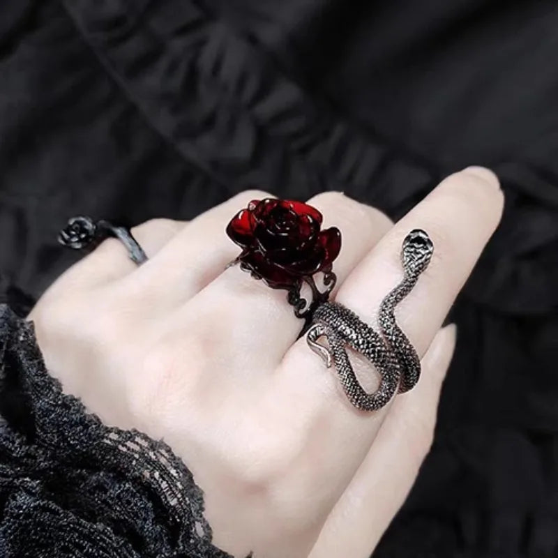 Goth Style Red Rose Opening Rings for Women