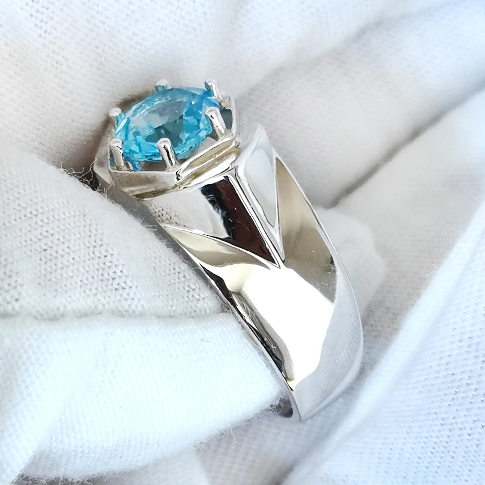 Men's Real Blue Topaz Ring 925 Silver 7.5mm Lucky Gemstone