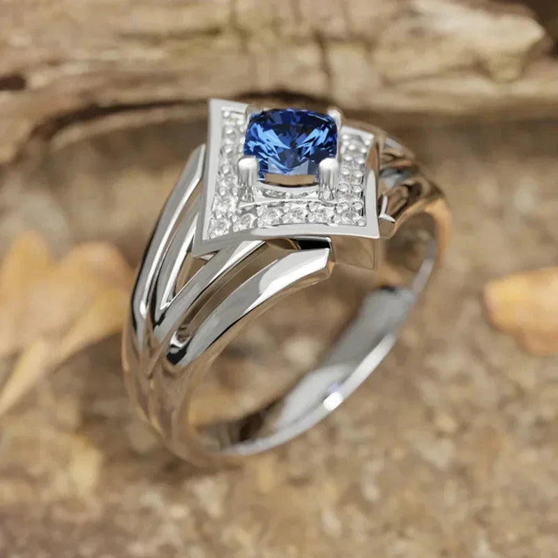 2025 New Royal Blue Zircon Ring Personalized Jewelry with Dazzling Design, Luxurious and Elegant Round Inlaid Jewelry7T0853
