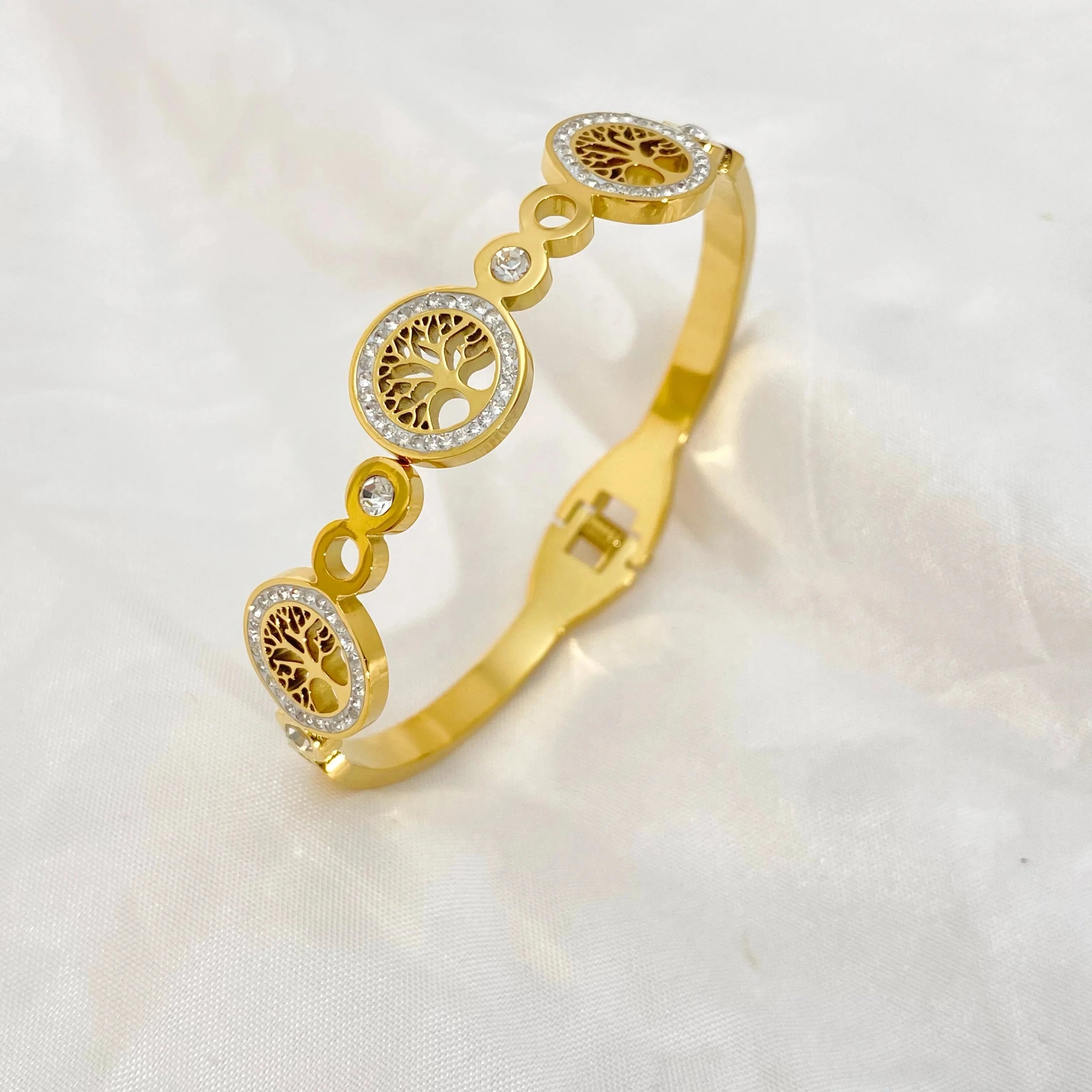 Unisex Tree of Life Bracelet – Gold CZ Luxury BangleB