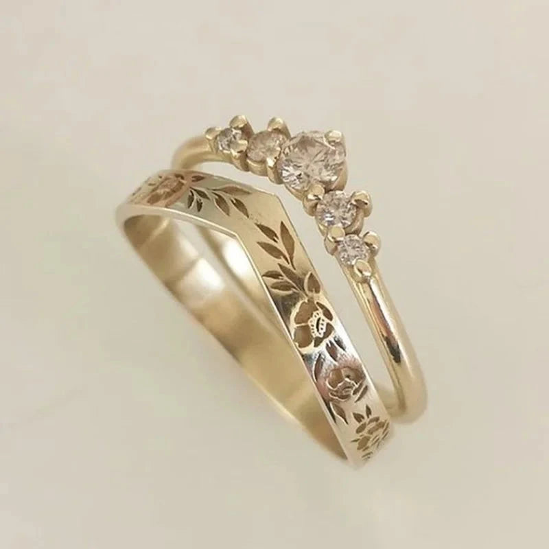Rose Gold Black Zircon Flower Ring Set – Vintage (2pcs)m7985