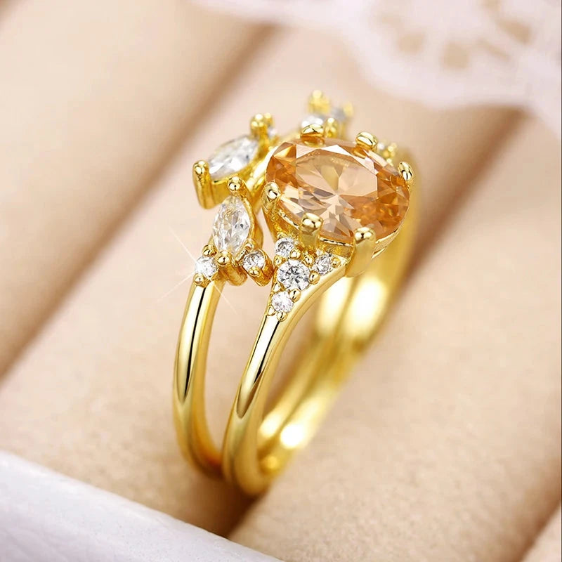 Huitan Champagne CZ 2Pcs Women Rings Aesthetic Wedding Accessories Gold Color Exquisite Leaf Rings Party Fashion Jewelry Sets