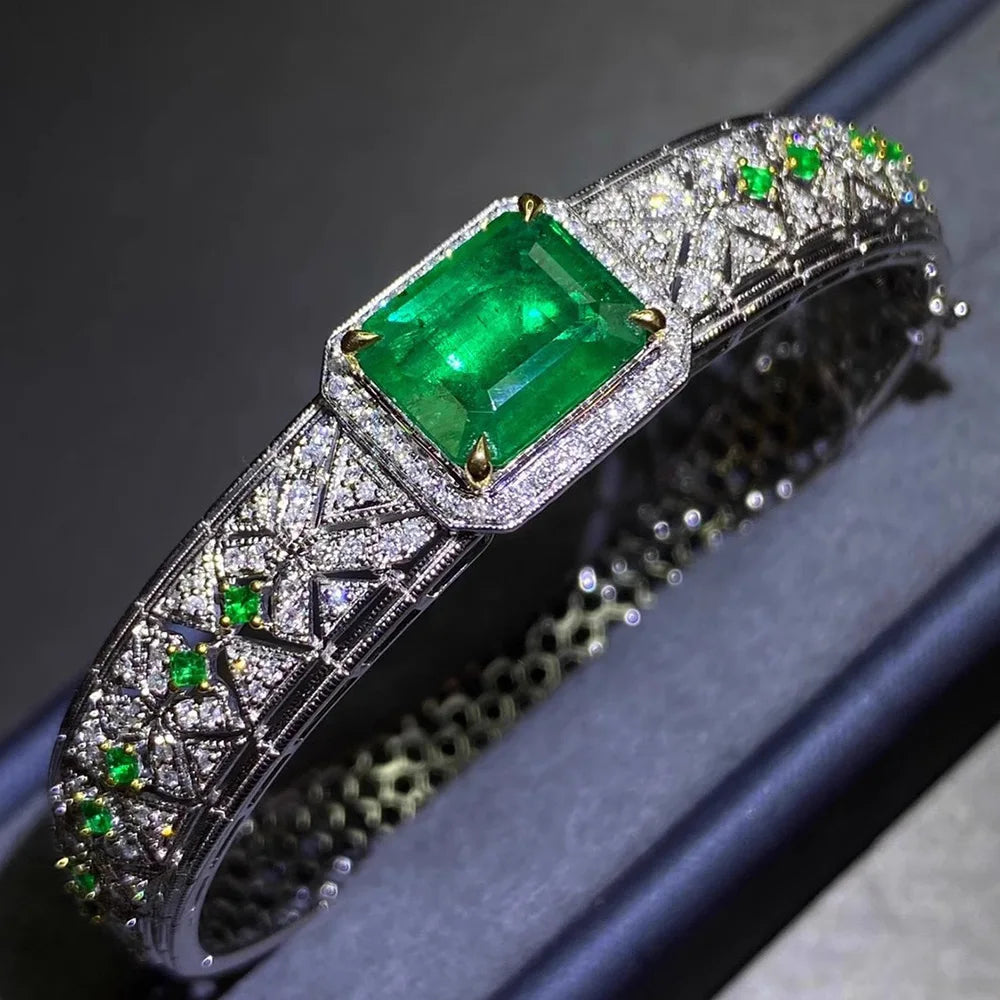 Luxury Silver Color Emerald Bracelet Micro Inlaid Zircon Dual Color Bangle Cuff