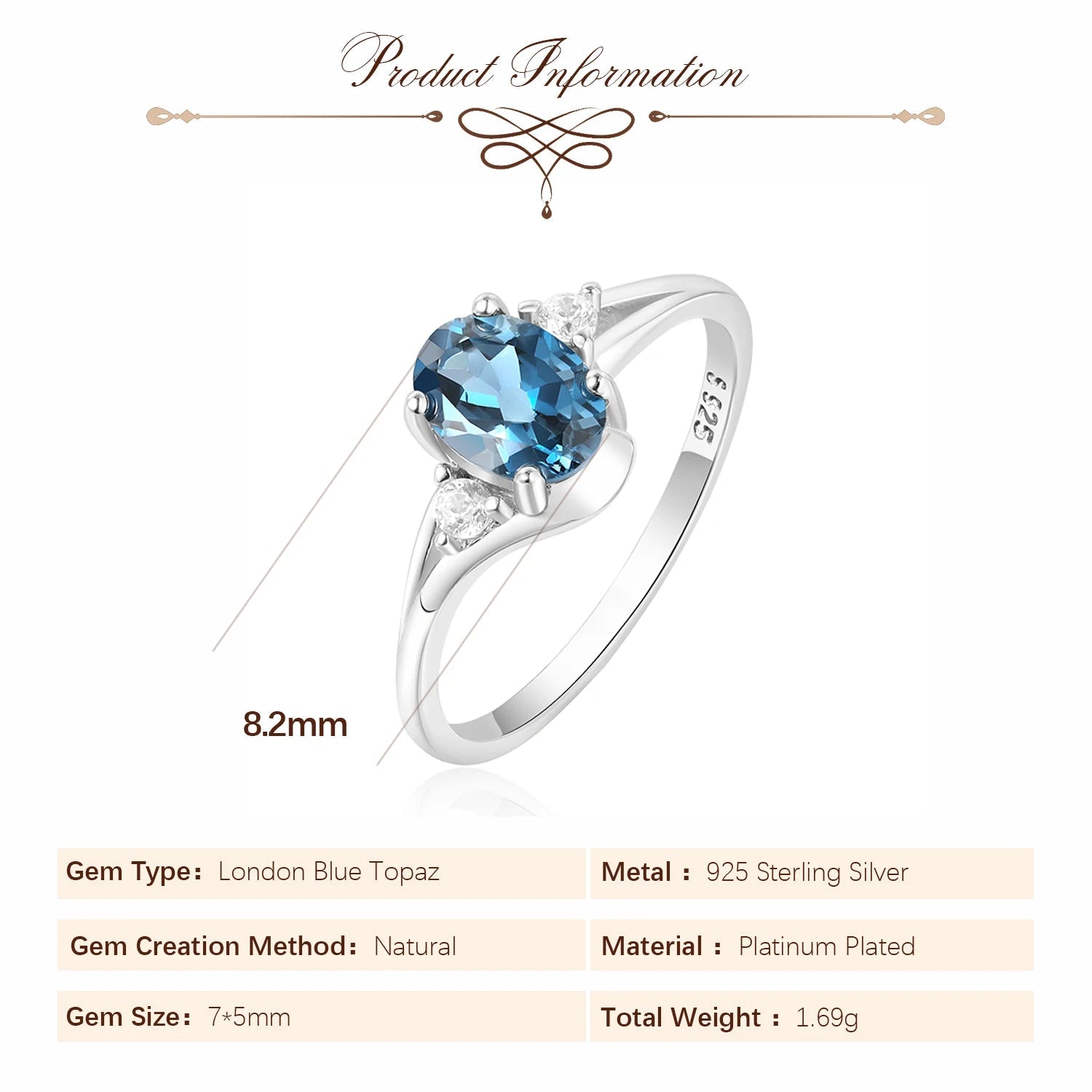 Genuine Natural Oval London Blue Topaz 925 Sterling Silver Solitaire Ring