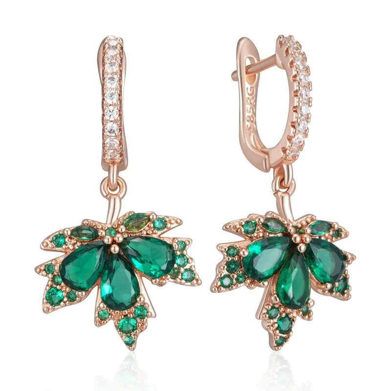 Shiny Green Zircon Maple Leaf Rose Gold Earrings for WomenH2474