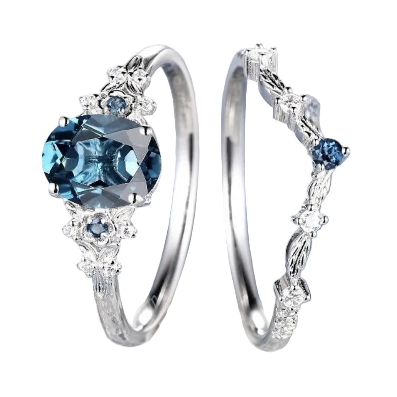 Exquisite Inlaid with White Zircon Blue Stone Rings Set for Women
