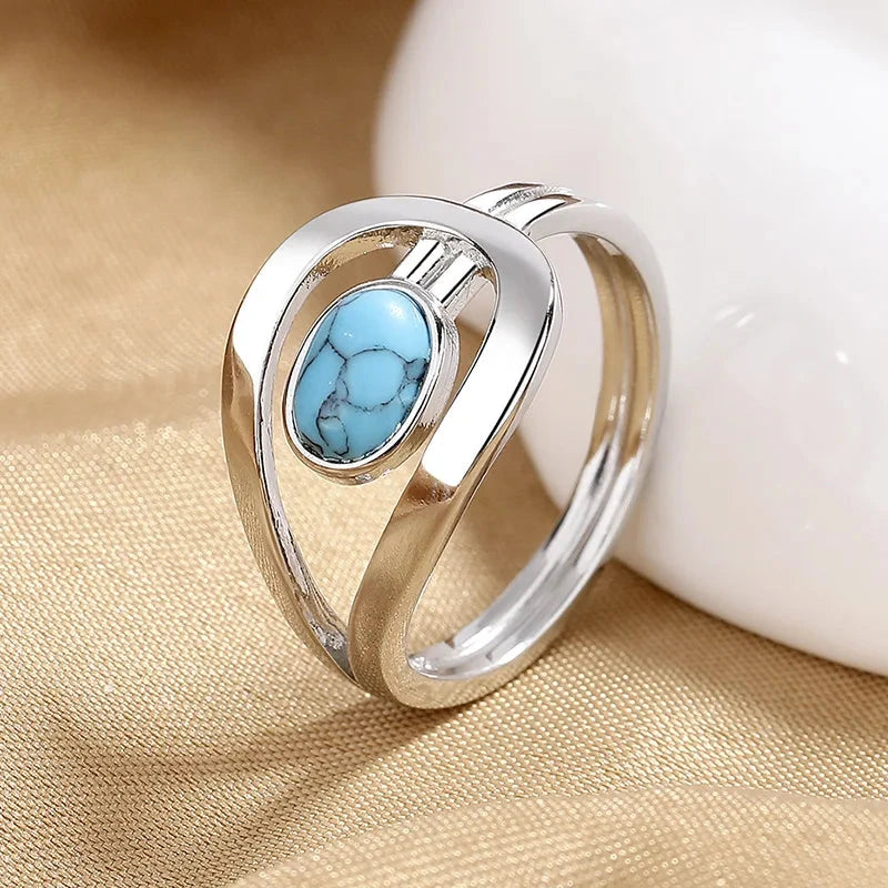 Unisex Oval Blue Stone Wedding Bands Synthetic Turquoise Rings017