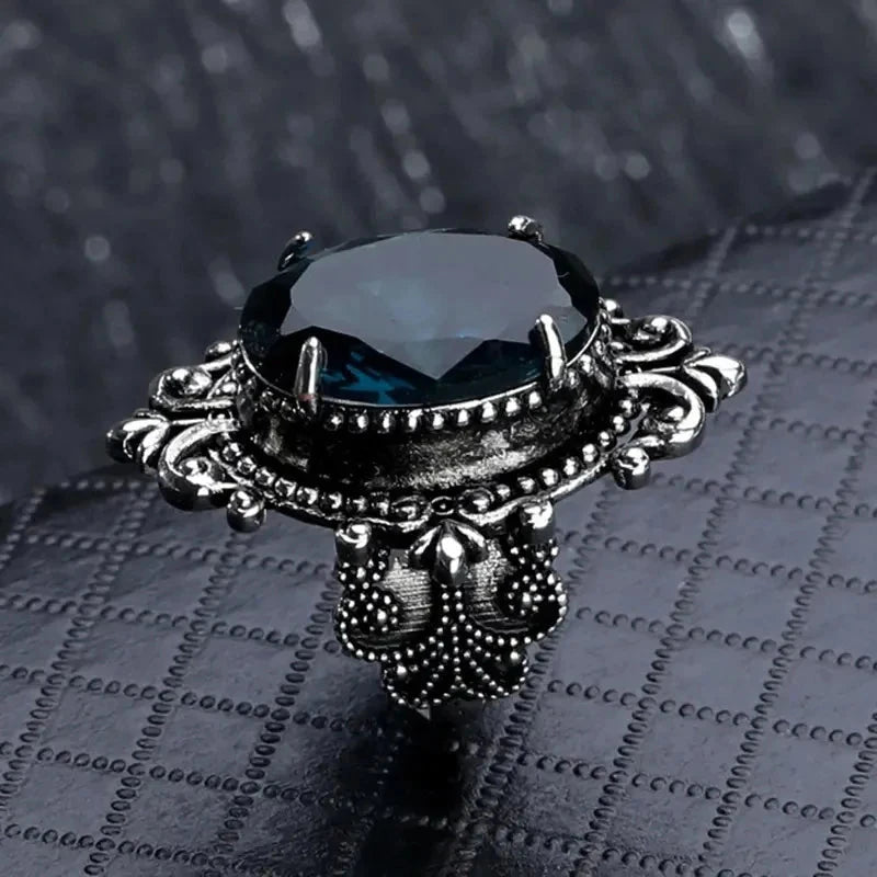 Vintage Oval Blue CZ Carved Pattern Ring for Women
