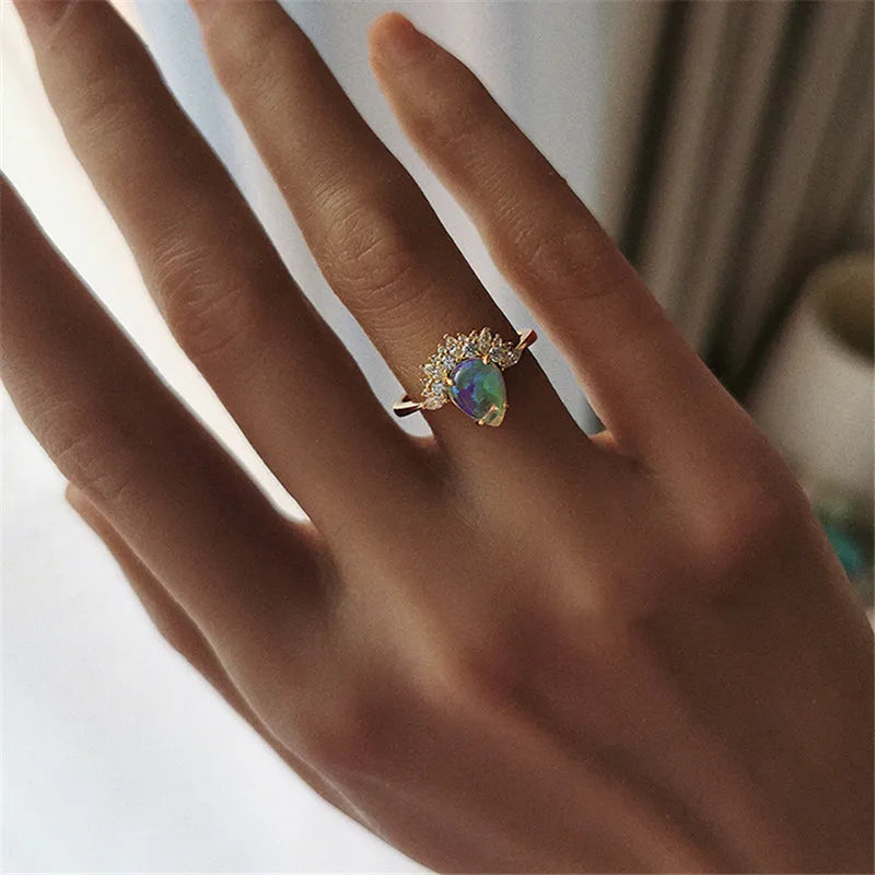 Luxury Blue Fire Opal Stone Engagement Ring Water Drop