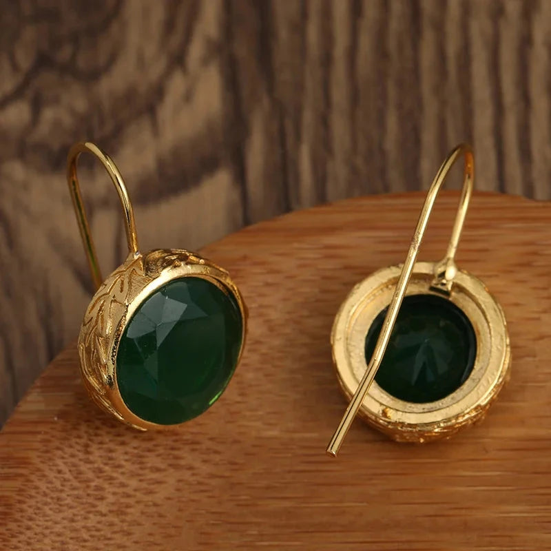Trendy Gold Color Green Stone Unique Earrings
