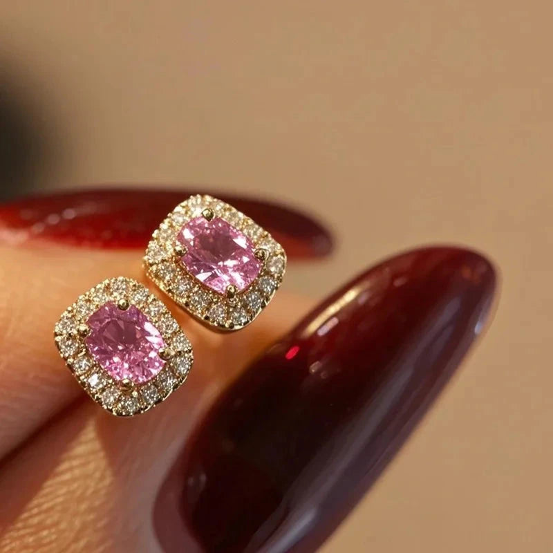 Elegant Pink Zircon Square Oval Earrings for WomenE4727