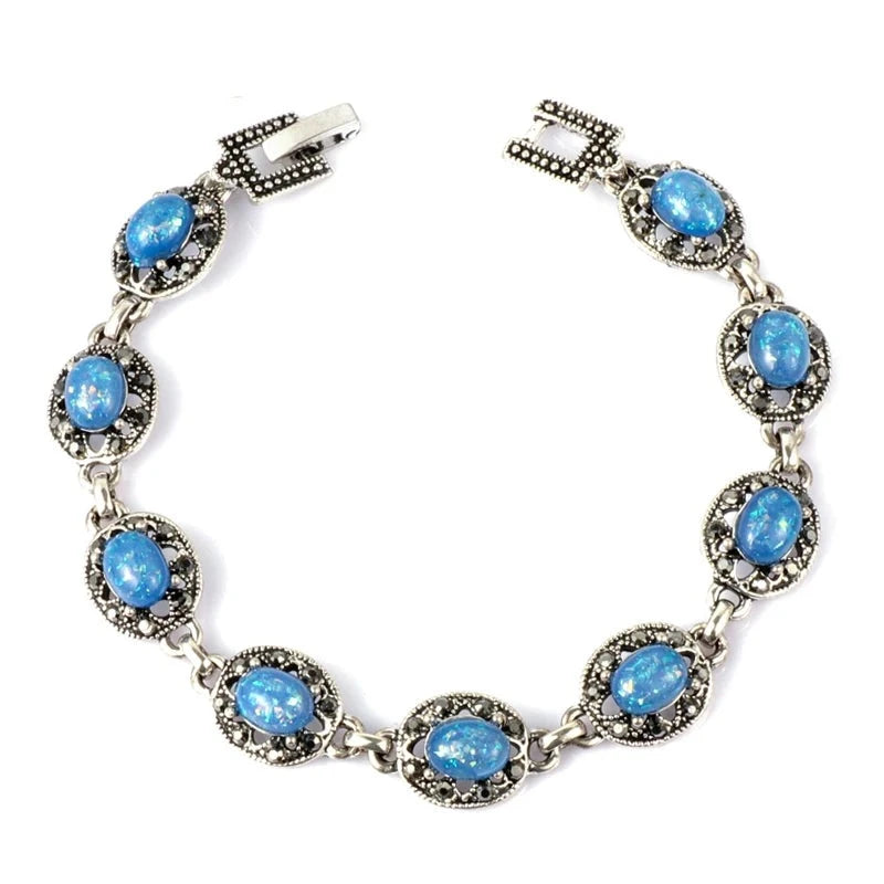 Blue Opal Bracelet Vintage Jewelry Tibetan Silver Crystal Bracelets