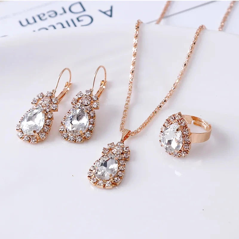 Blue Crystal Ring Necklace Earrings Set Wedding Jewelry SetsWhite