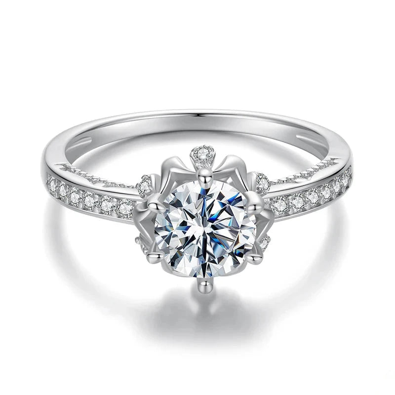 925 Sterling Silver 1ct Round Moissanite Flower Solitaire Ring for Women