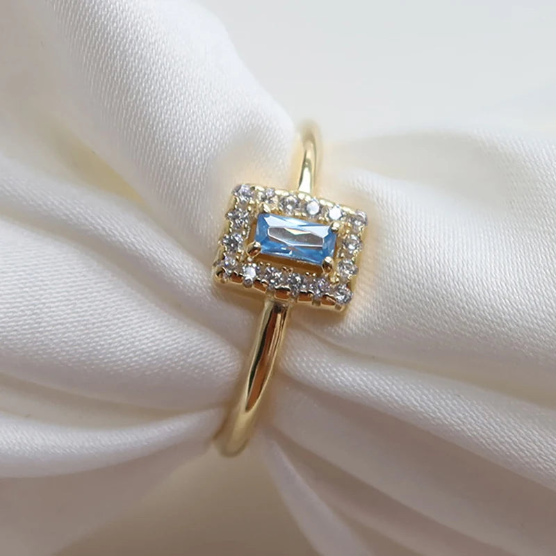 Sterling Silver 952 Diamond Sapphire Small Square Ladies Ring Open LightBlueresizable