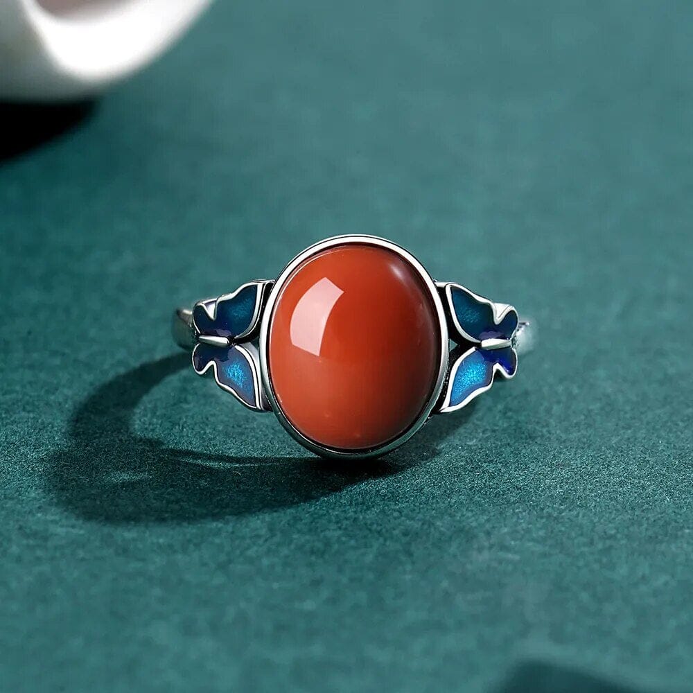 Red Agate Retro Butterfly Adjustable 925 Sterling Silver RingRing