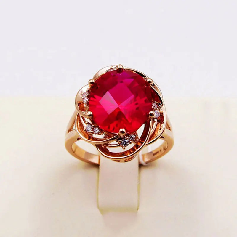 14K Rose Gold Inlaid Flower Ruby Rings For Women AdjustableresizableRose Gold