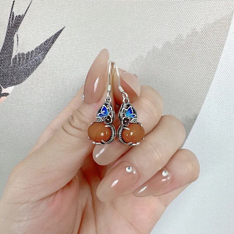 Retro Ethnic Style Butterfly Flower Amber 925 Sterling EarringsEarrings