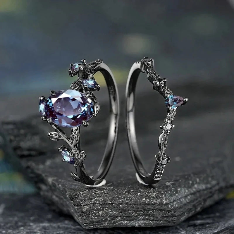 Retro Gun Black Leaf Ring with Colorful Stones