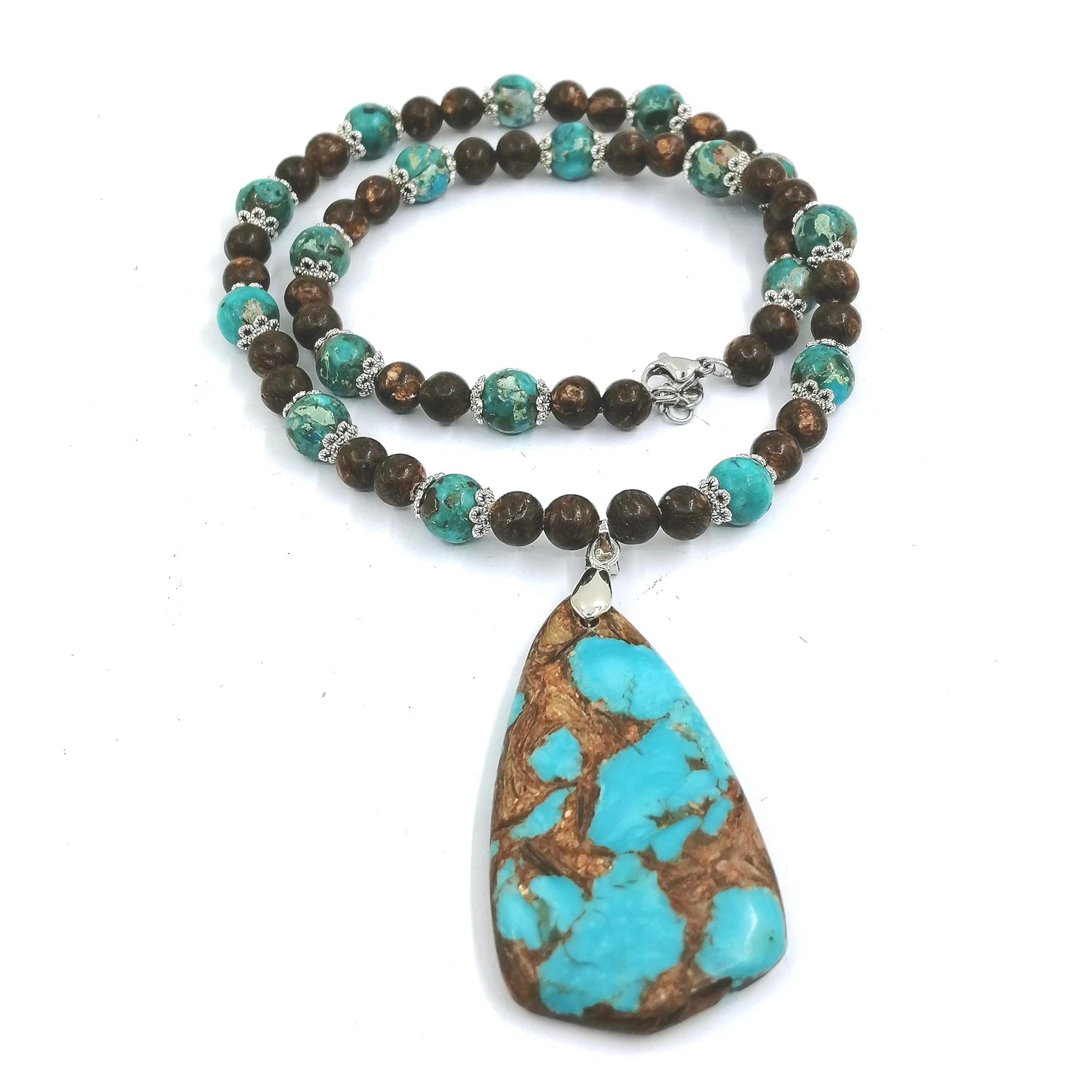Regenerate Turquoise Pendant with Bronze 6-8mm Beads Necklace