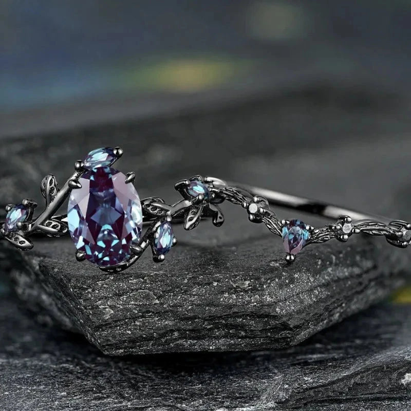 Retro Gun Black Leaf Ring with Colorful Stones