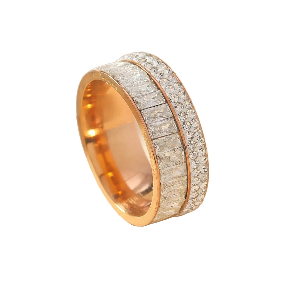 8MM Luxury Zircon Stainless Steel Finger Ring For WomenRose goldCHINA