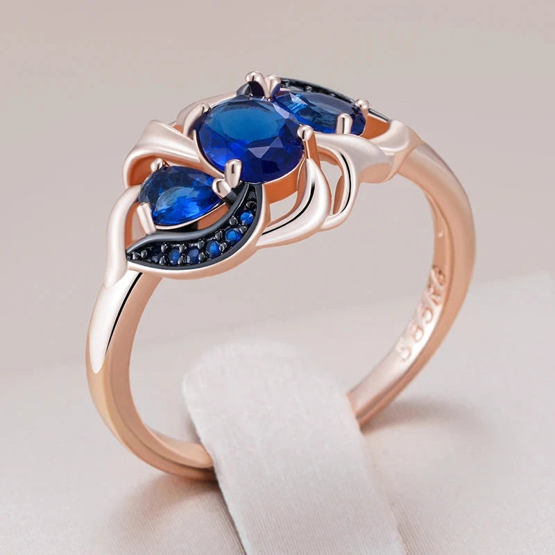 Black Plating Vintage Blue Zircon Rose Gold Ring for Women