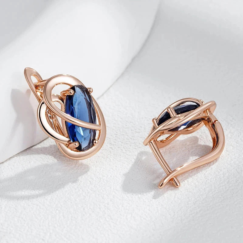 Luxury 585 Rose Gold Shiny Oval Blue Natural Zircon Dangle Earrings for Women