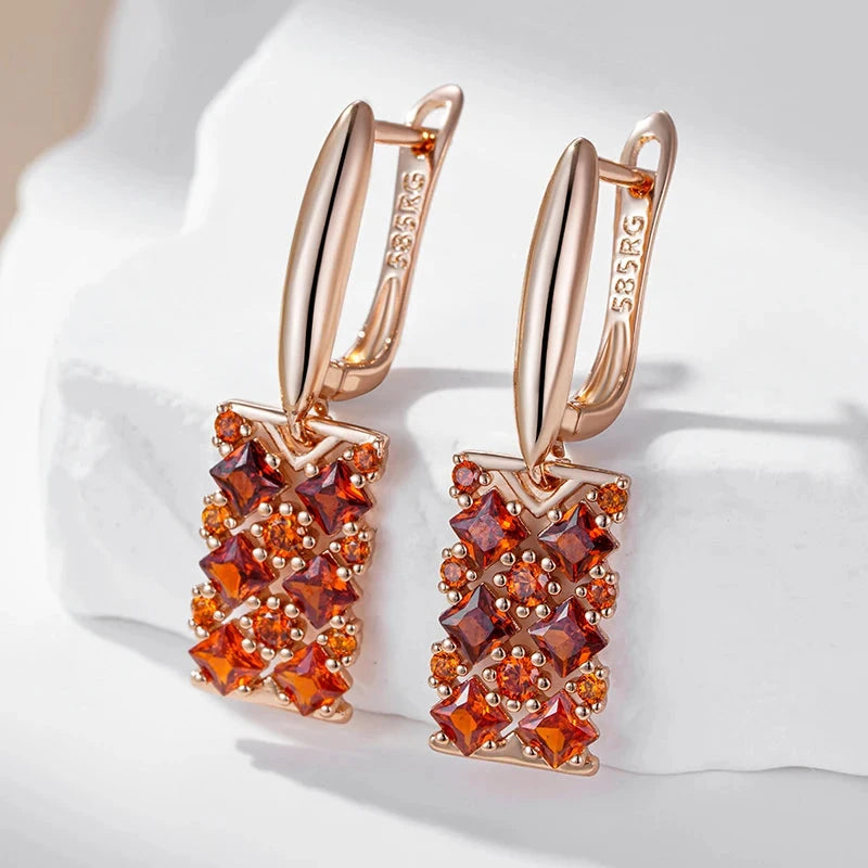 Rose Gold Red Zircon Square Drop Earrings