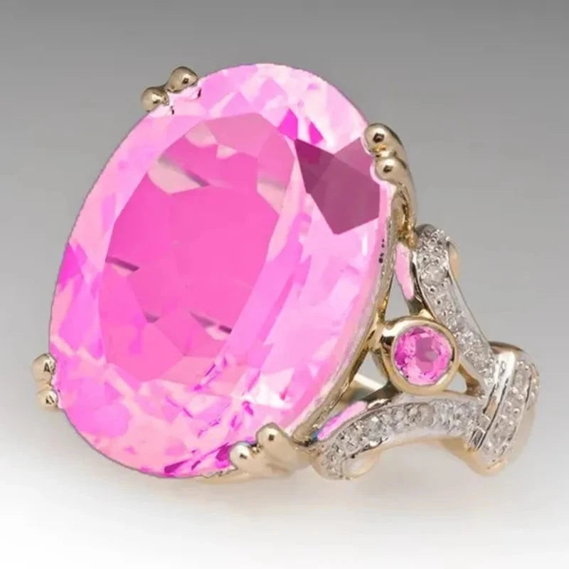 Exquisite Oval Inlaid Blue Zircon Rings Luxurious Gold Ringpink10