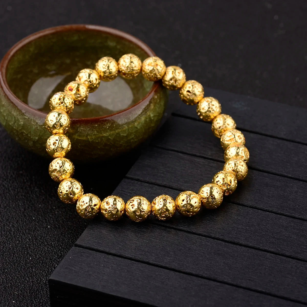 Lava Stone Bead Bracelet – Gold/Silver Unisex