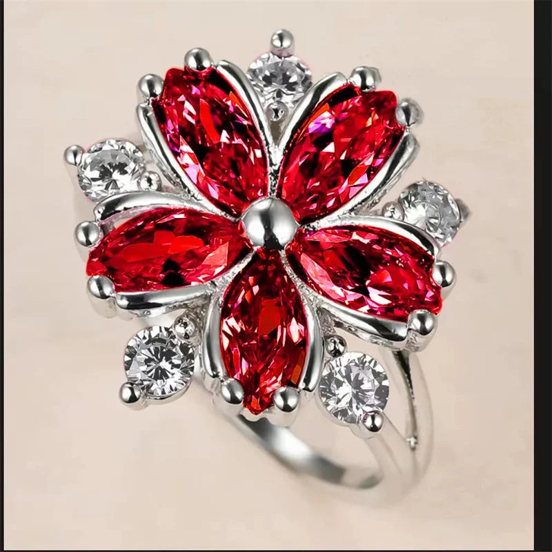 Elegant Silver Color Inlaid Garnet Red Zircon Flower Shape Ladies Banquet RingAJZ3039Red9