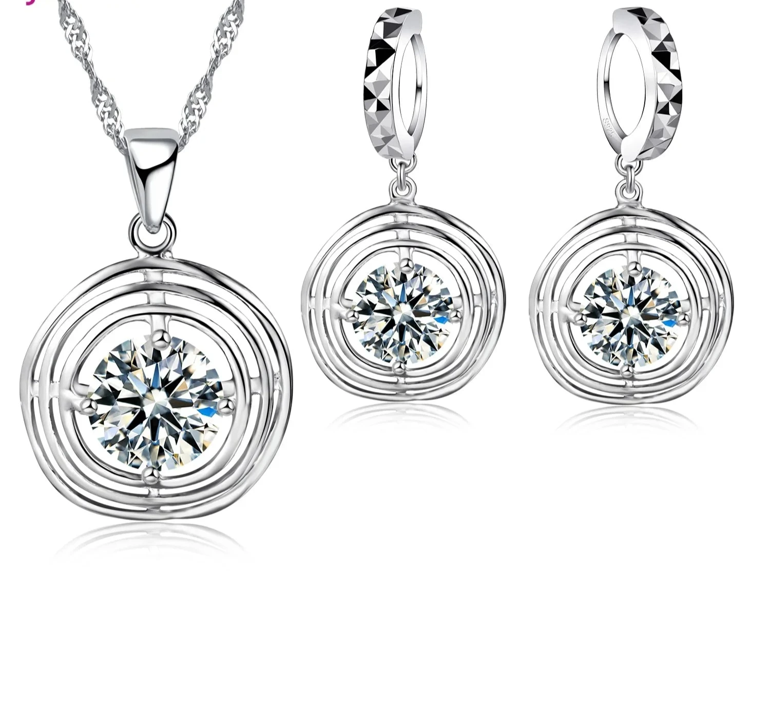 925 Sterling Silver Trendy Crystal Pendant Necklace EarringsModel 14