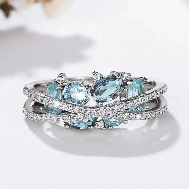 Unique Cross Rings with Colored Blue Cubic Zirconia Fashionable DesignQ9986