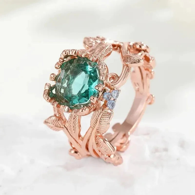Vintage Inlaid Green Stone Flower Round - Rose Gold Color Rings