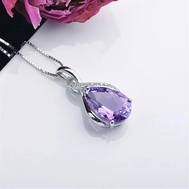 925 Sterling Silver Stone Pendant Chain Natural Amethyst & Aquamarine Necklace for Woman Girl Fashion Fine Jewelry Chain