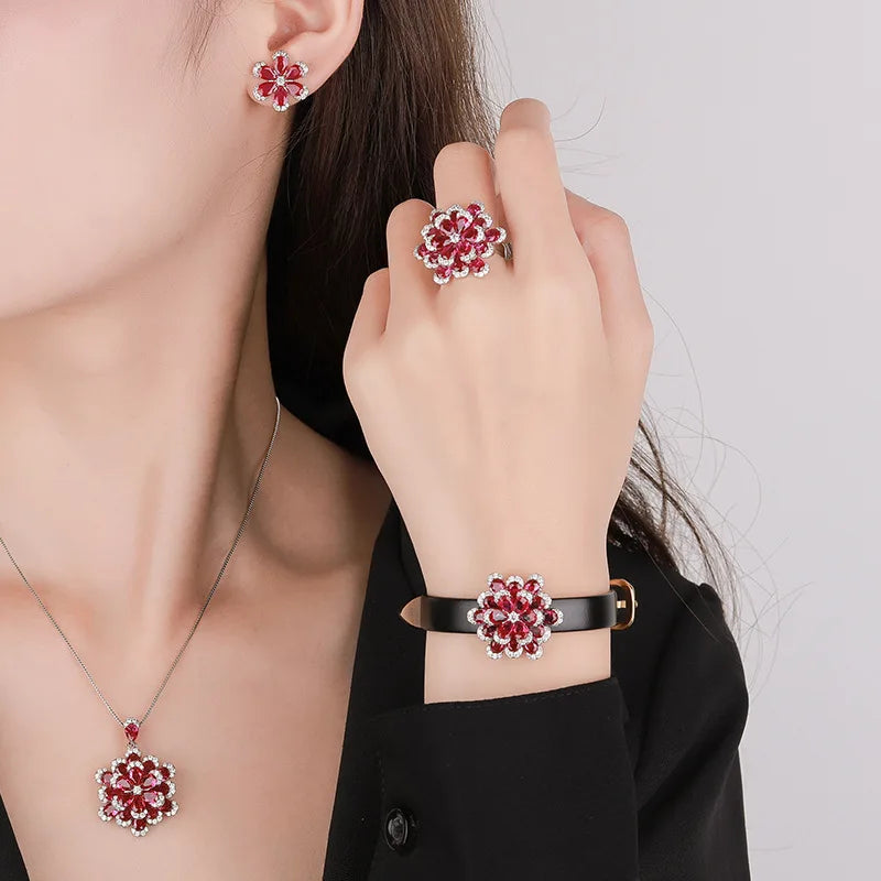 Ruby Flower Designed Jewelry Set