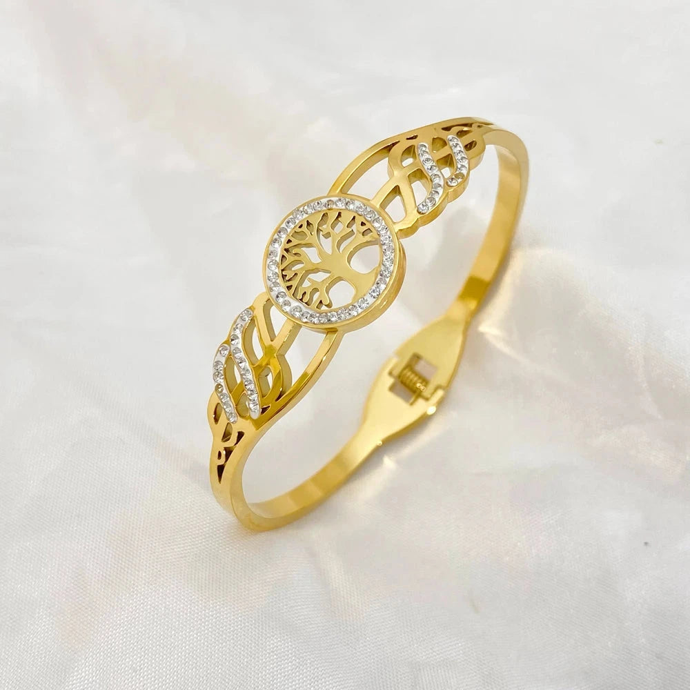 Unisex Tree of Life Bracelet – Gold CZ Luxury BangleF