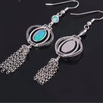 Vintage Blue Fire Opal Drop Dangle Earring with Stone Silver Plated Black Onyx Long Tassel Bohemia Boho Jewelry for Women