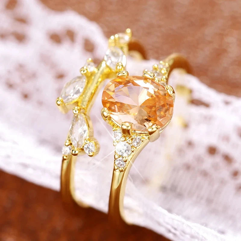 Huitan Champagne CZ 2Pcs Women Rings Aesthetic Wedding Accessories Gold Color Exquisite Leaf Rings Party Fashion Jewelry Sets