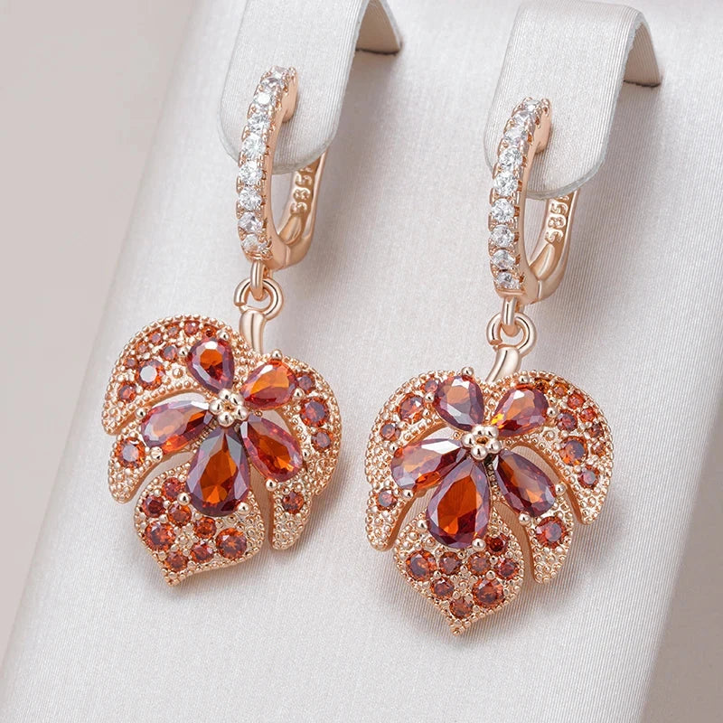 Rose Gold Red Zircon Maple Leaf Earrings for Women